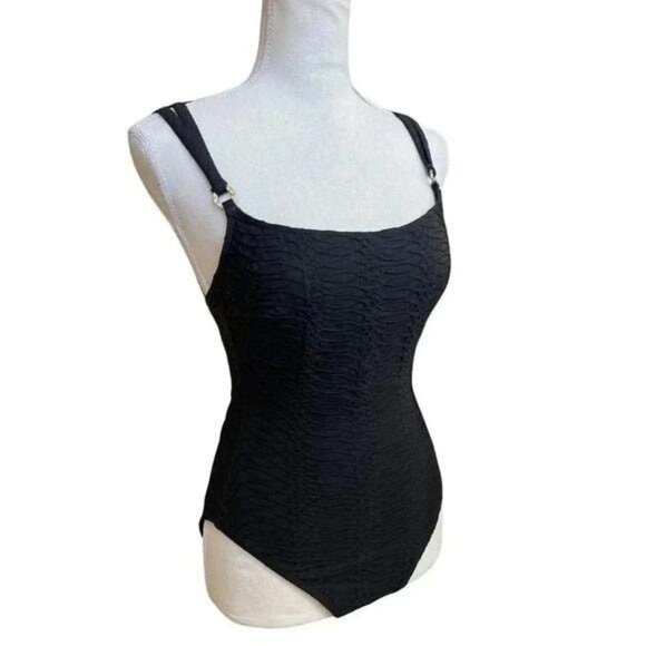 Vintage 1980s La Blanca Black One-Piece Swimsuit – Textured Fabric, Thick Strap - Picture 2 of 10